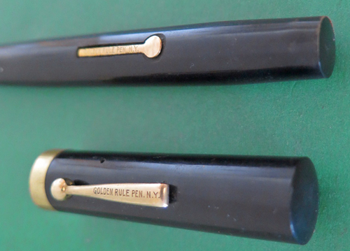 6292: GOLDEN RULE FOUNTAIN PEN IN BLACK WITH GOLD FILLED TRIM. VERY FLEXIBLE, BROAD "WARRENTED #6 14K" NIB. LEVER FILLING. Golden Rule pen compnay was an early LA Pen Factory that worked with Fred Krinke